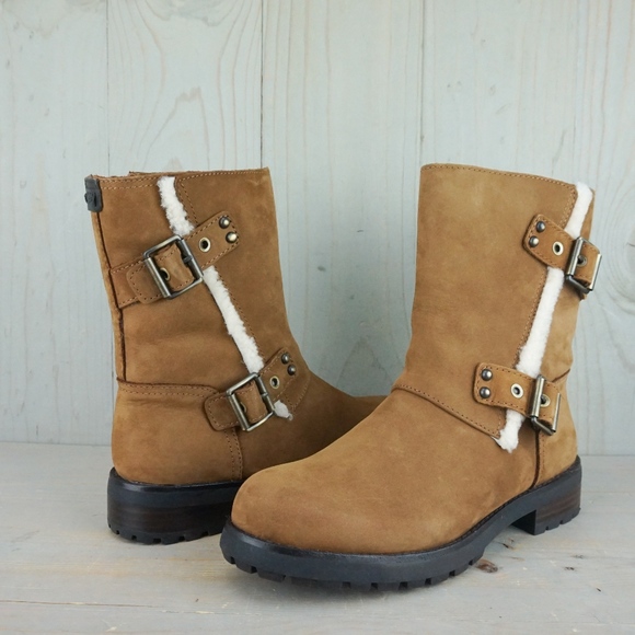 UGG NIELS CHESTNUT WATERPROOF FUR TRIM MOTO BOOT